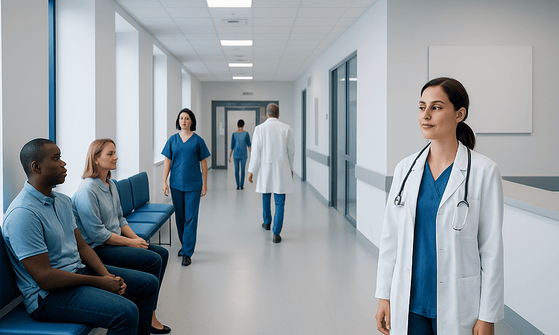 Healthcare professionals and patients in a modern hospital corridor.