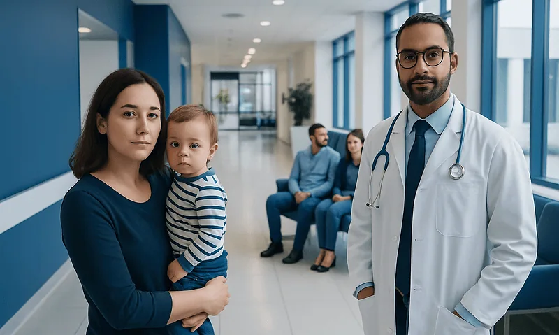 Healthcare professional with a family in a hospital corridor.