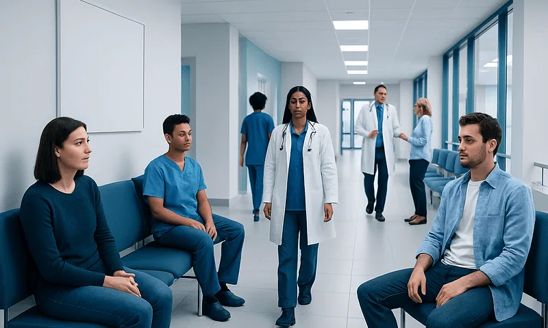 Patients waiting in a hospital corridor with medical staff present.