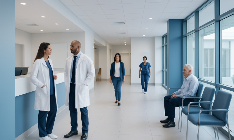 Hospital corridor with medical staff and patient at Acibadem Hospitals Group.
