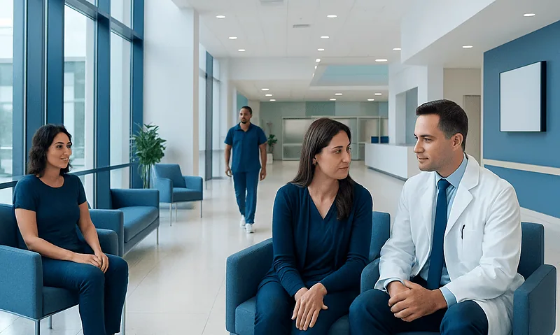Medical consultation in a modern hospital waiting area with patients and doctor.