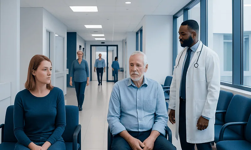 Doctor consulting with a patient in a hospital corridor.