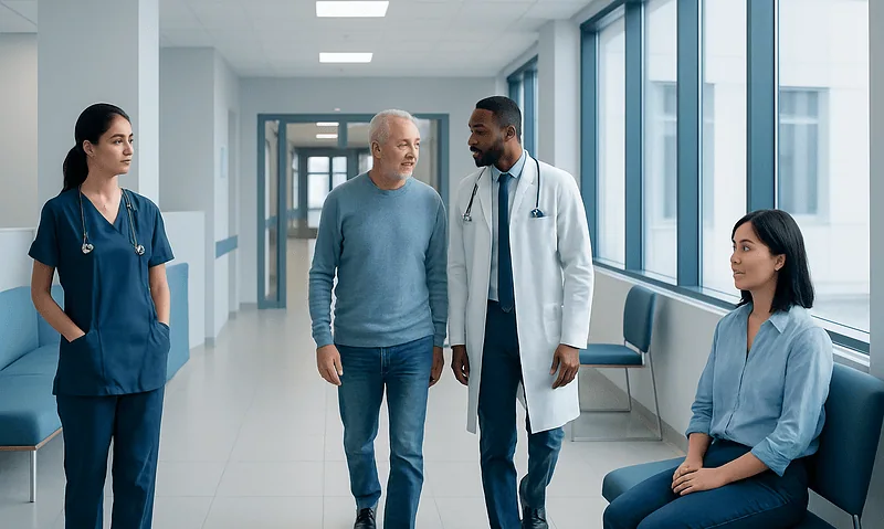 Medical team consulting with patient in hospital corridor.