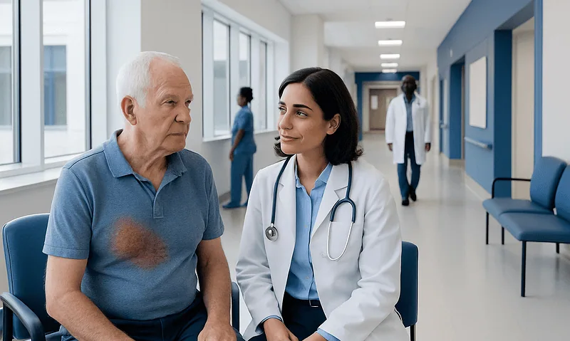 Doctor consulting elderly patient in hospital corridor.