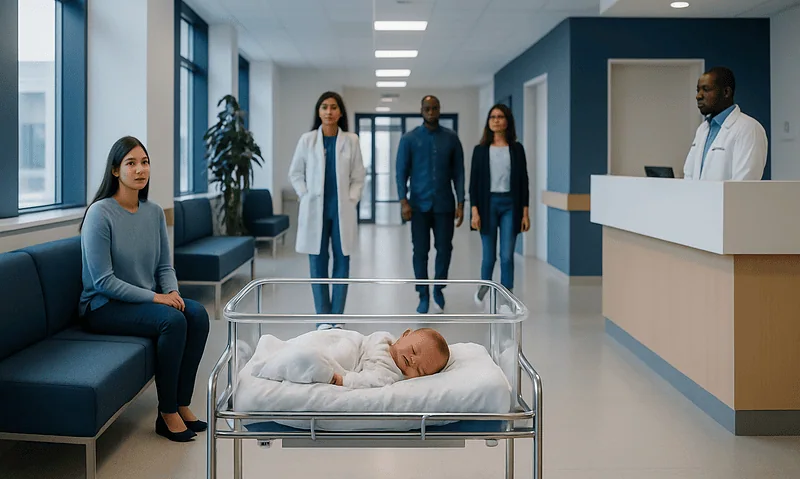 Newborn baby in hospital bassinet with medical staff and visitors nearby.
