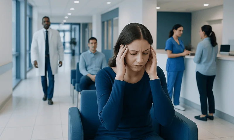 Woman experiencing stress in a hospital waiting area with medical staff nearby.