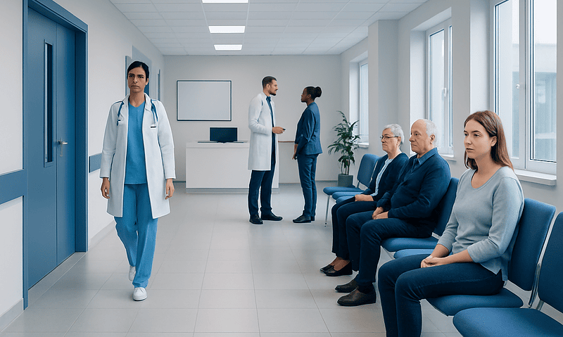 Medical staff and patients in a hospital waiting area at Acibadem Hospitals Group.