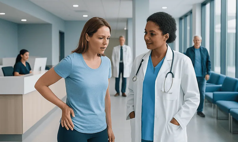 Patient consulting with a doctor about hip pain in a hospital corridor.