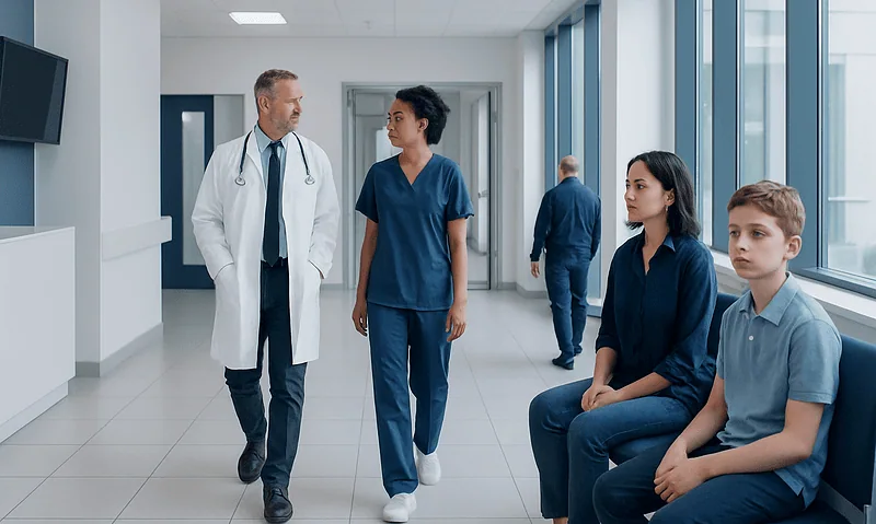 Doctor talking to young patients in hospital corridor.