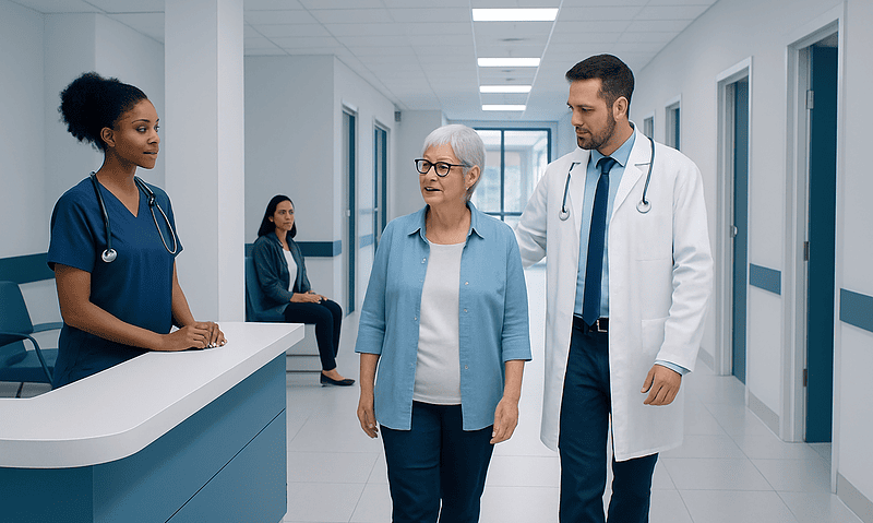 Healthcare professionals consulting with a patient in a hospital corridor.