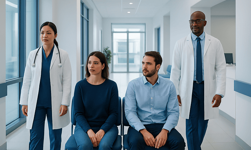 Medical consultation with doctors and patients in a modern hospital corridor.