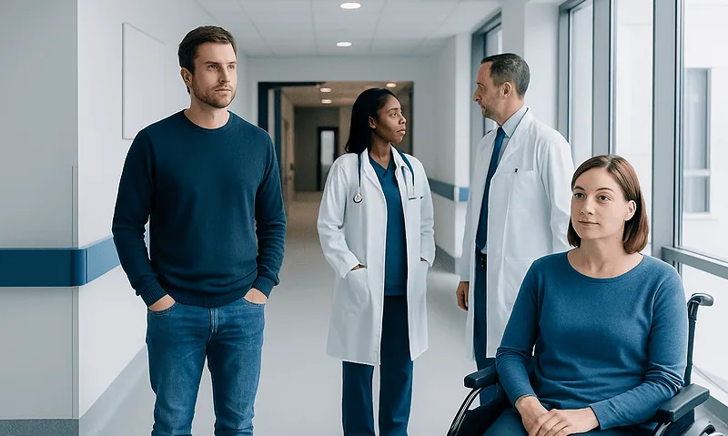 Medical team consulting with a patient in hospital corridor.
