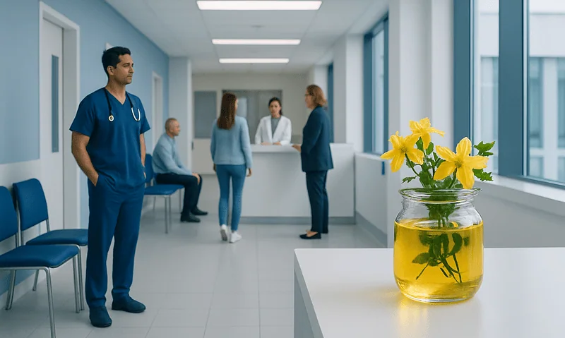 St john's wort oil: A Complete Medical Guide for Patients 13 Hospital corridor with medical staff and a jar of St. John's wort oil on a table.
