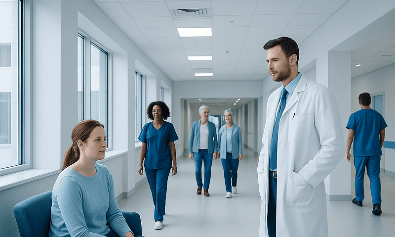 Doctor consulting a young patient in a hospital corridor.