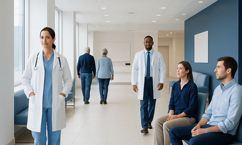 Medical professionals and patients in a hospital waiting area.