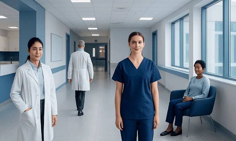 Healthcare professionals in a hospital corridor with patients and staff.