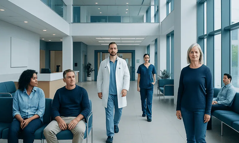 Patients and medical staff in a modern hospital lobby at Acibadem Hospitals Group.