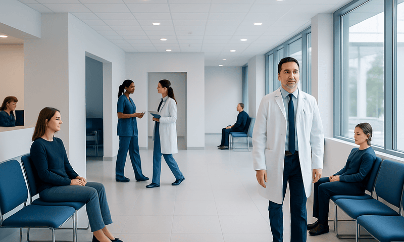Healthcare professionals and patients in a modern hospital waiting area.