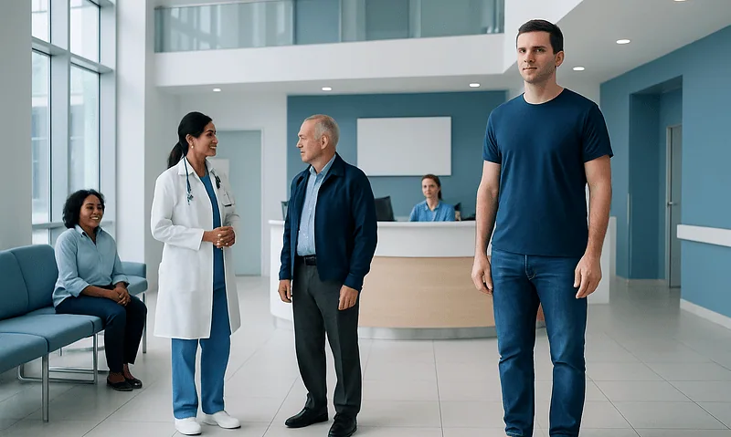 Medical consultation at Acibadem Hospital with diverse patients and staff.