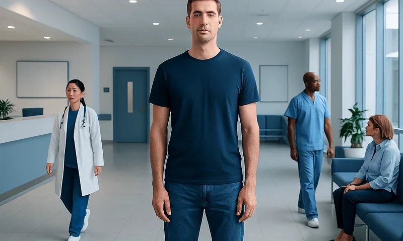 Young man waiting in a hospital corridor with medical staff nearby.