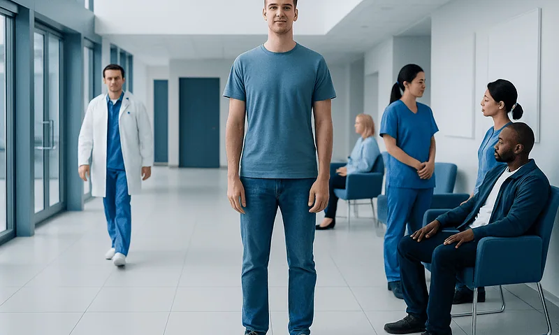 Young man in hospital corridor with medical staff and patients.