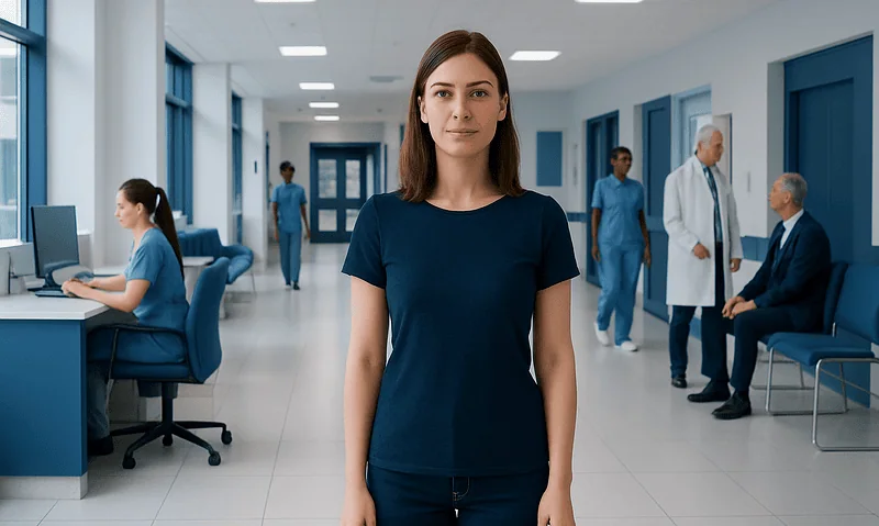 Young female healthcare professional in hospital corridor with staff and patients.