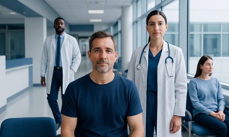 Medical professionals and patient in a hospital waiting area.