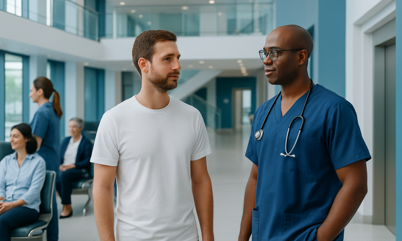 Patient consulting with doctor in hospital lobby.