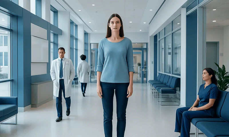 Woman waiting in hospital corridor with medical staff and patient.