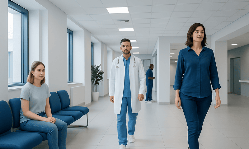 Medical professionals and patient in a modern hospital corridor.