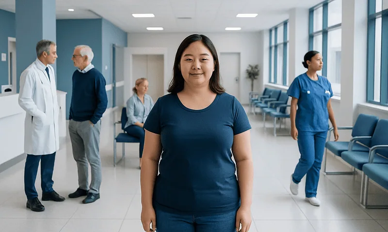 Young woman in hospital waiting area with medical staff in background.
