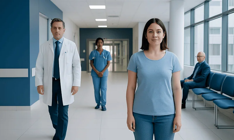 Average weight for a 5'4 female: Symptoms, Causes, and Treatment — Complete Patient Guide 13 Healthcare professionals in a hospital corridor with a female patient in the foreground.