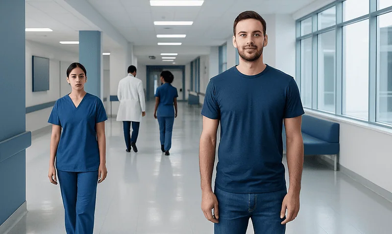 Young male patient in hospital corridor with medical staff in background.
