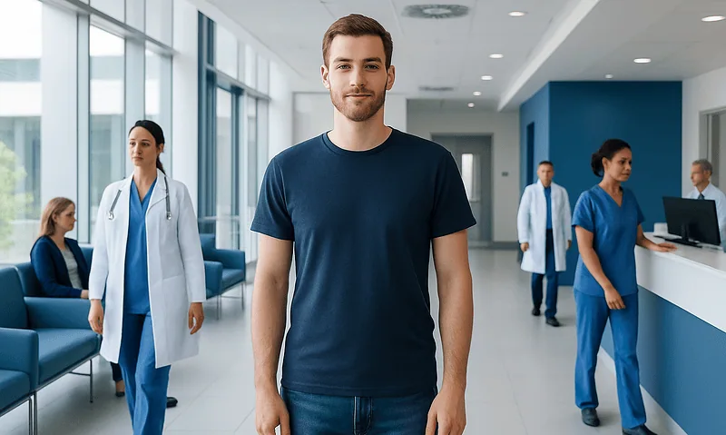 Young male patient in hospital corridor with medical staff in background.