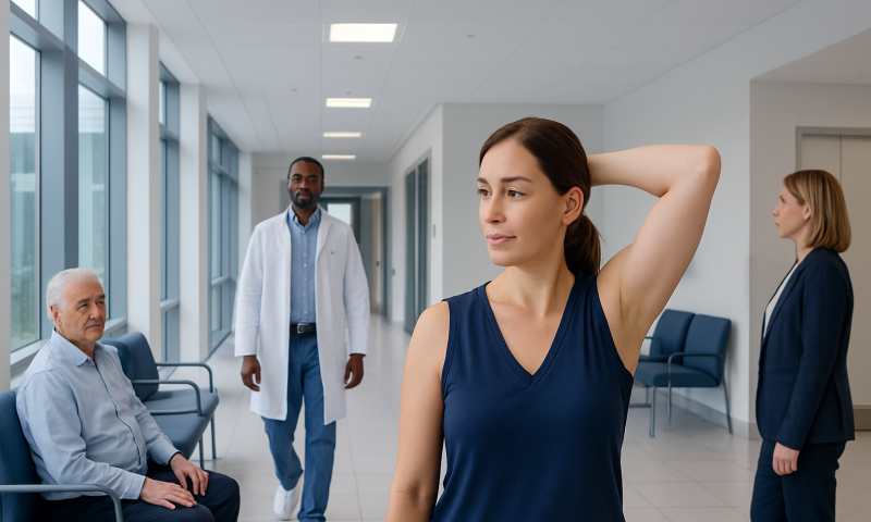 Axilla: What Patients Need to Know 10 Woman in a hospital corridor stretching her arm, with doctors nearby.