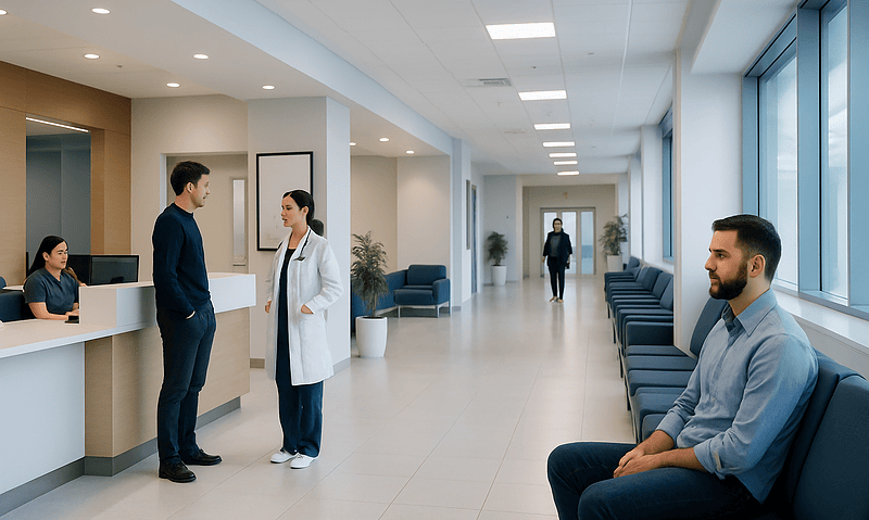 Modern hospital lobby with patients and staff in a bright, spacious setting.