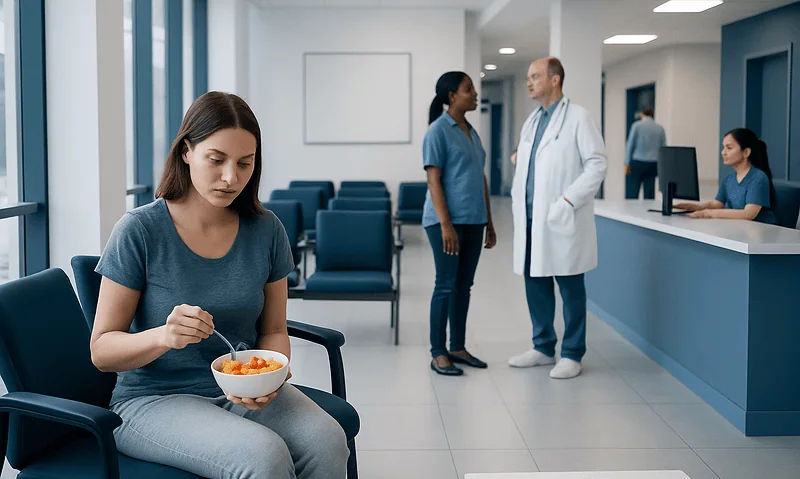 Young woman eating fruit in hospital waiting area with medical staff in background.