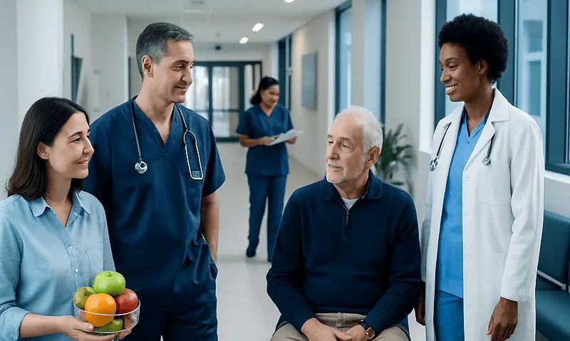 Healthcare professionals consulting with a patient in a hospital corridor.
