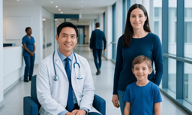 Happy family with doctor at hospital for health checkup.