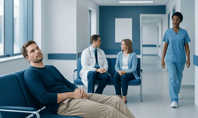 Patient waiting in hospital corridor with medical staff nearby.