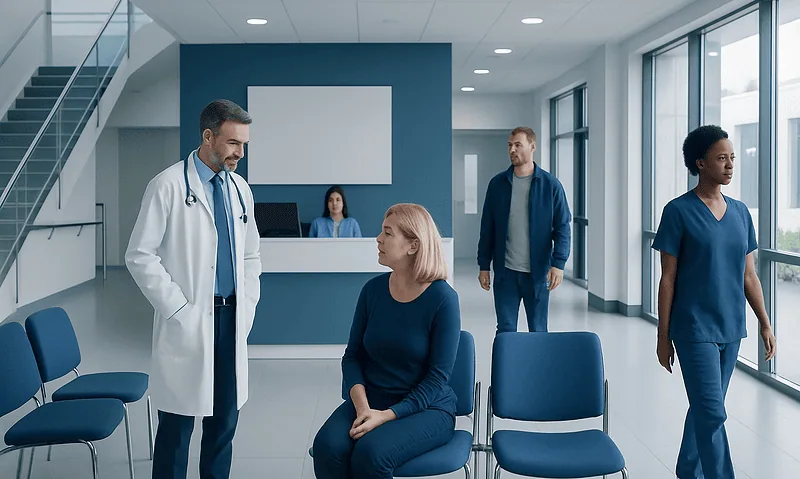 Medical consultation in a modern hospital waiting area with healthcare professionals and patient.