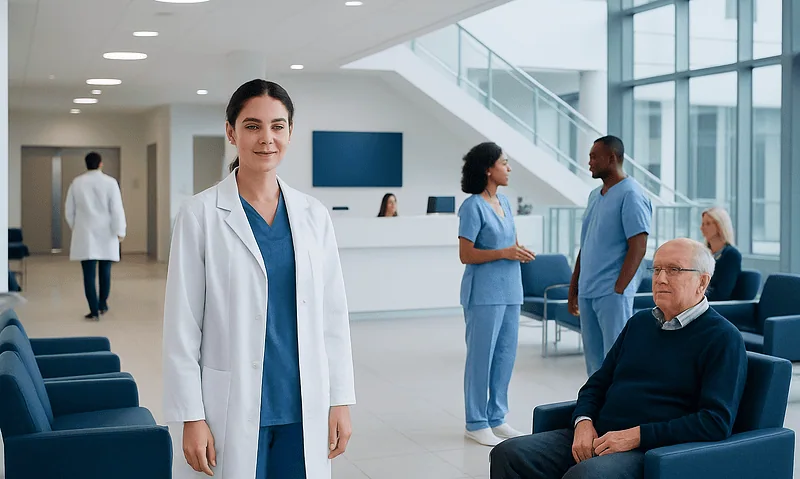 Healthcare professionals and a patient in a modern hospital lobby.