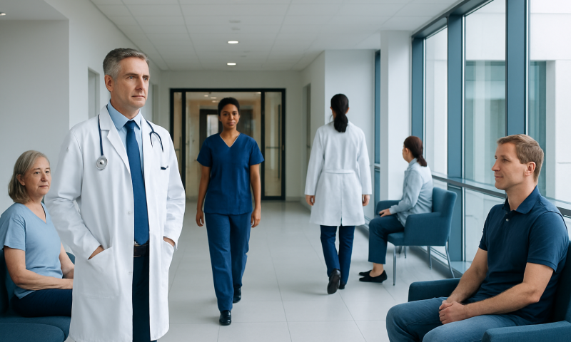 Medical team consulting in a hospital corridor with patients and staff.