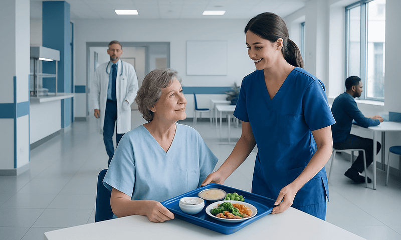 Nurse serving food to elderly patient in hospital cafeteria.