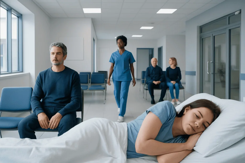 Which Side Should You Sleep on? A Doctor-Reviewed Answer 1 Patient resting in hospital bed with medical staff and visitors nearby.