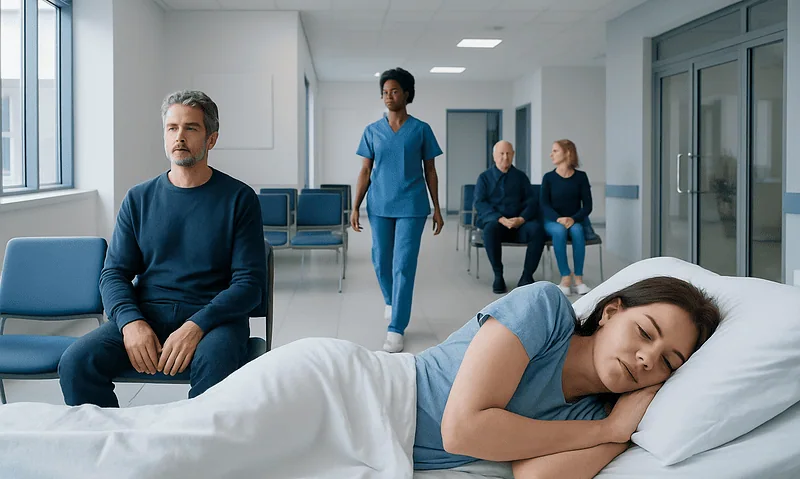 Patient resting in hospital bed with medical staff and visitors nearby.