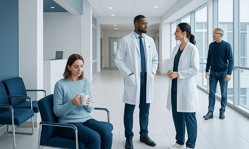 Medical professionals and patient in hospital corridor.