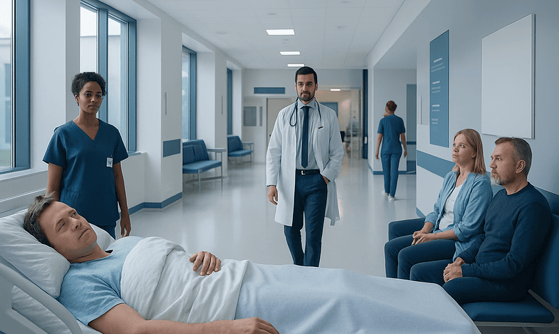 Hospital room with patient and medical staff, modern healthcare setting.
