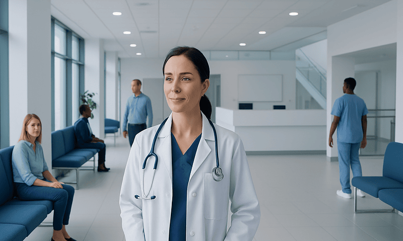 Healthcare professional in a hospital waiting area with patients and staff.