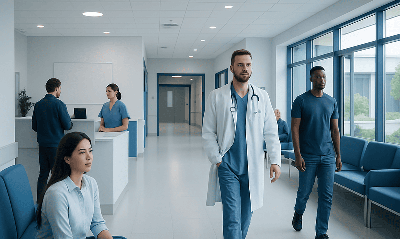 Medical professionals and patients in a modern hospital waiting area.